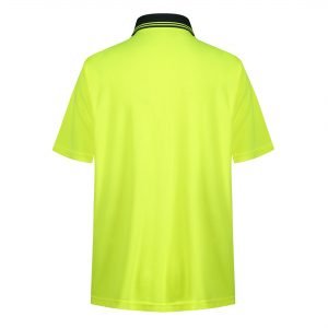 High-visibility neon yellow safety polo shirt with black striped collar, ideal for construction and outdoor work environments. Made from breathable, durable fabric for comfort and safety.