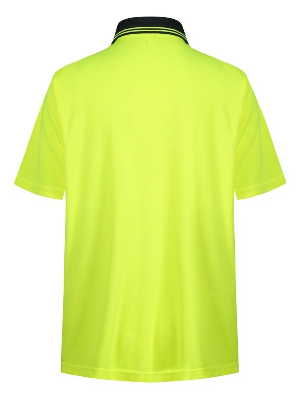 High-visibility neon yellow safety polo shirt with black striped collar, ideal for construction and outdoor work environments. Made from breathable, durable fabric for comfort and safety.