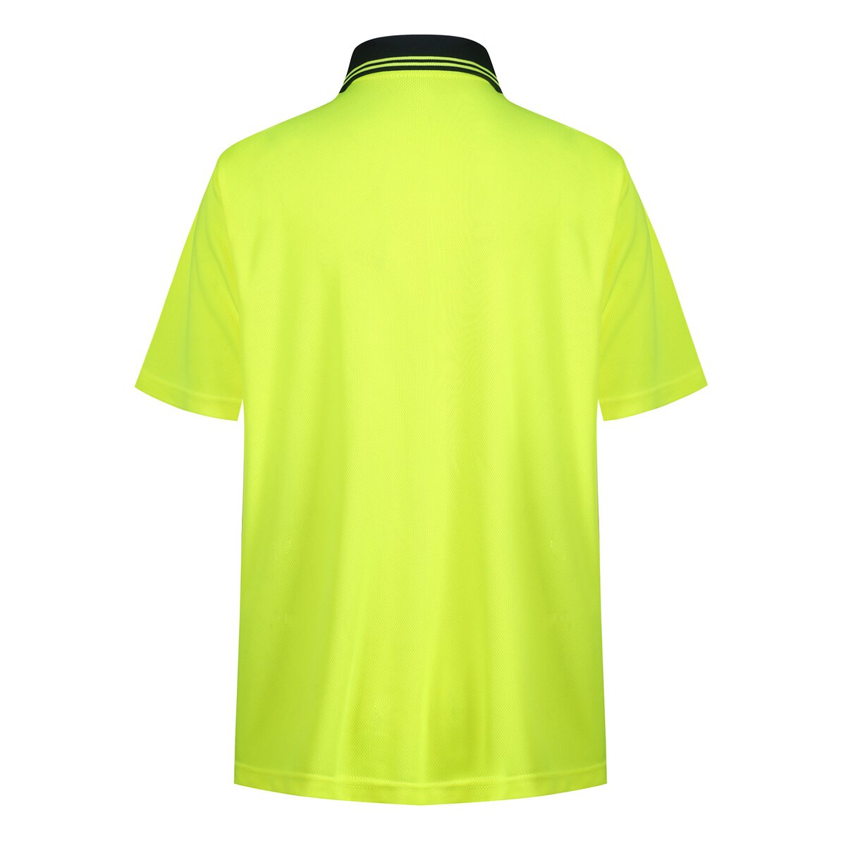 High-visibility neon yellow safety polo shirt with black striped collar, ideal for construction and outdoor work environments. Made from breathable, durable fabric for comfort and safety.