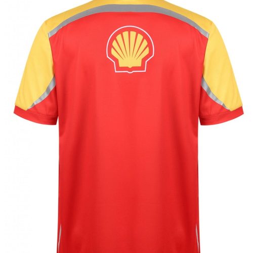 Bright red and yellow work uniform polo shirt with reflective stripes and Shell logo, made for industrial and safety work environments. High-quality custom clothing manufacturing in China.