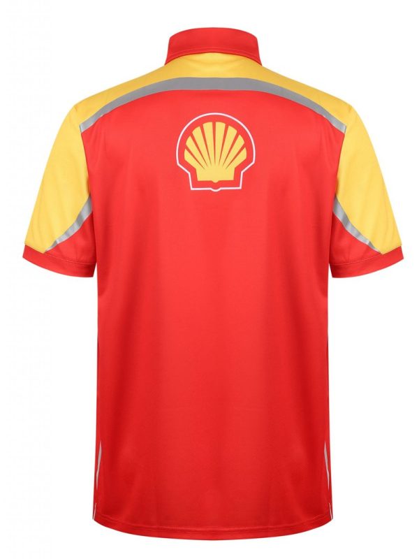 Bright red and yellow work uniform polo shirt with reflective stripes and Shell logo, made for industrial and safety work environments. High-quality custom clothing manufacturing in China.