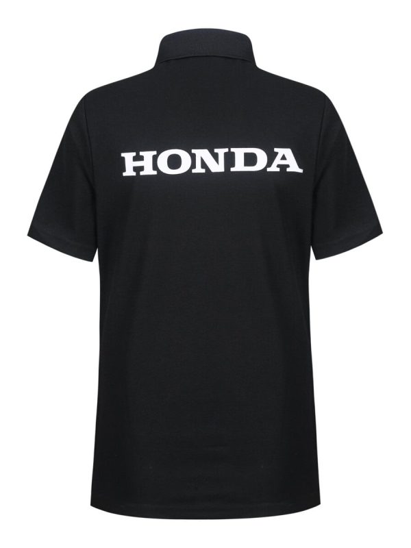 Polished black polo shirt with bold white "HONDA" logo on back, suitable for promotional uniforms or motorsport events, high-quality fabric for durability and comfort.