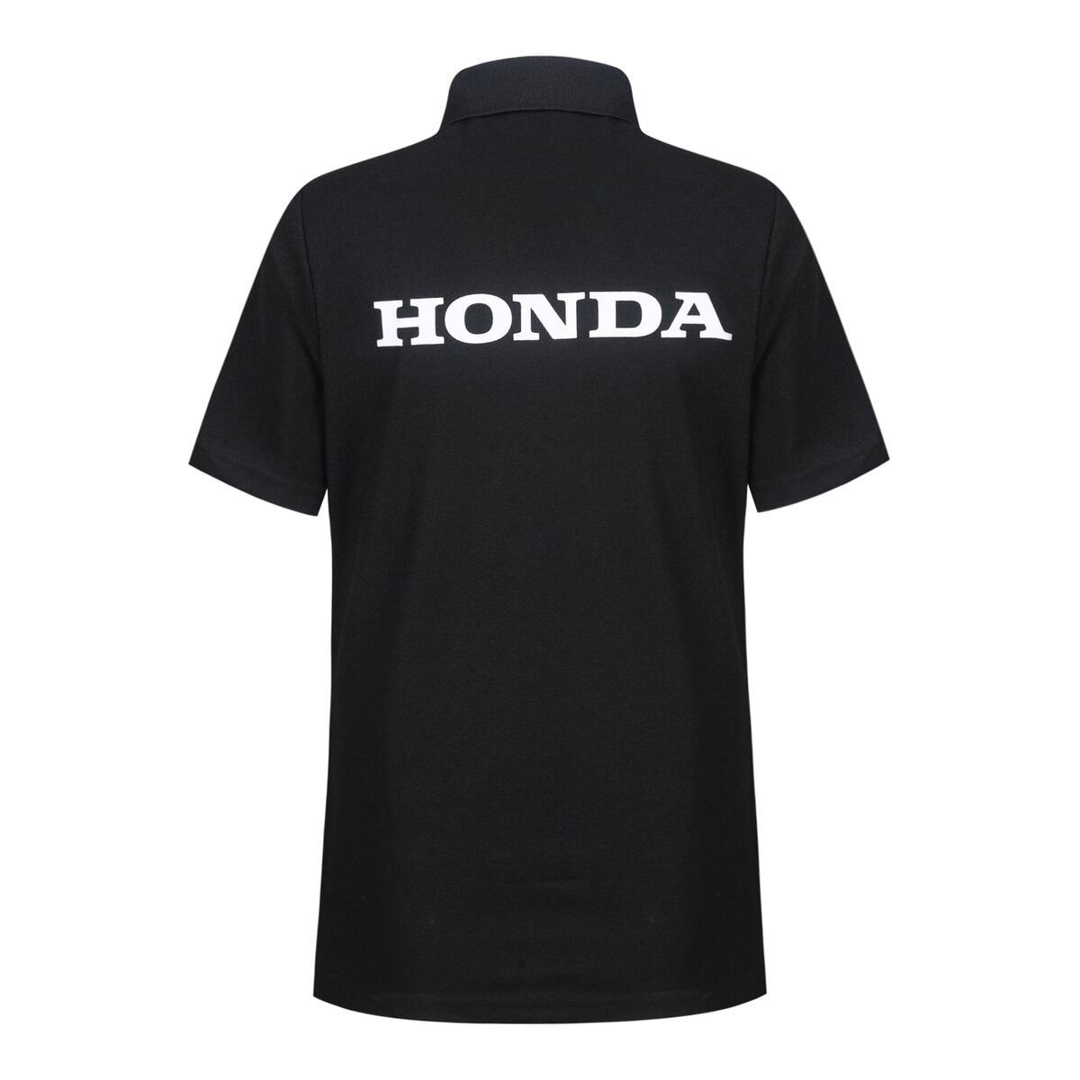 Polished black polo shirt with bold white "HONDA" logo on back, suitable for promotional uniforms or motorsport events, high-quality fabric for durability and comfort.