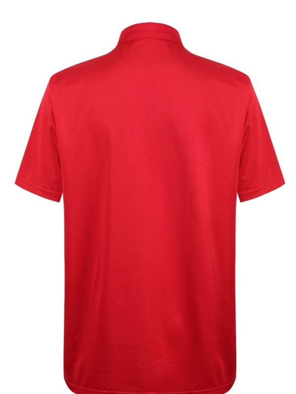 Vibrant red custom polo shirt on a plain white background, showcasing a professional workwear uniform designed for comfort and durability for various industries.