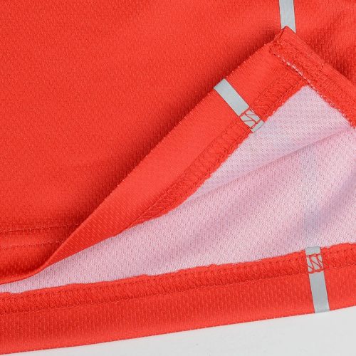 Bright orange high-visibility safety vest with reflective strips and durable fabric for industrial work environments. Customizable workwear designed for safety and comfort.