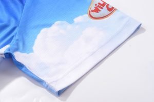 High-quality custom sports jersey with vibrant blue and white cloud design, featuring detailed stitching and logo embroidery for athletic teams or corporate uniforms.