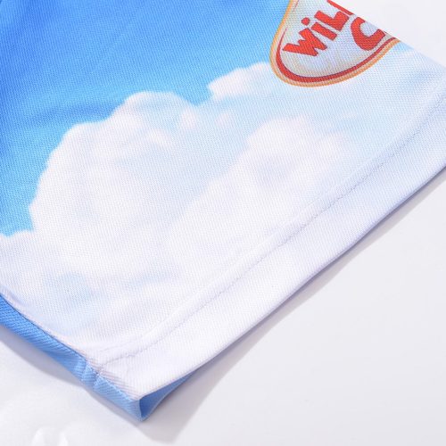 High-quality custom sports jersey with vibrant blue and white cloud design, featuring detailed stitching and logo embroidery for athletic teams or corporate uniforms.