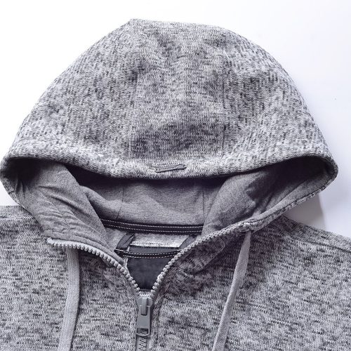 Soft gray hoodie with adjustable drawstrings and full zipper, made from comfortable knit fabric ideal for casual wear and outdoor activities. Perfect for custom branding and uniforms.