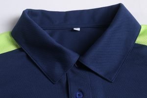 High-quality navy blue work uniform shirt with neon green accents, tailored for durability and comfort, suitable for various industrial workplaces.