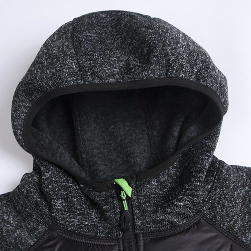 Warm gray and black hoodie with a zippered front, made from soft, fleece-lined fabric, perfect for workwear and casual wear.