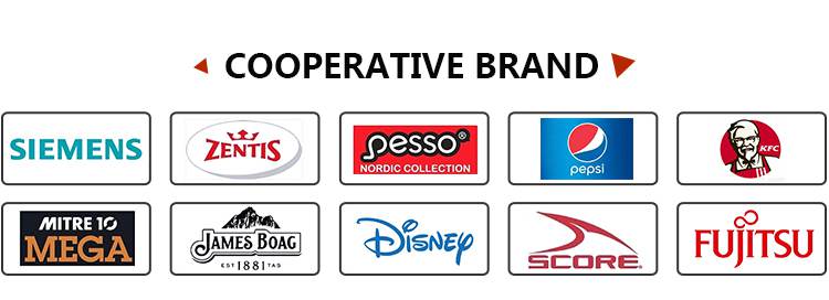 Custom clothing uniforms featuring logos of top brands like Siemens, Disney, Pepsi, and KFC for corporate apparel manufacturing in China.