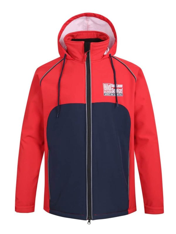 Bright red and navy colorblock customized outdoor jacket with hood, full zip closure, and branding patch for work uniforms and corporate apparel. Perfect for outdoor work environments.