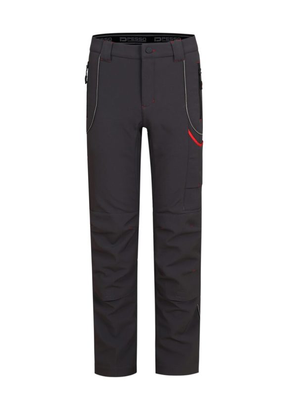 Workwear dark gray outdoor pants with zippered pockets, reinforced knee panels, and red accents, designed for durability and comfort in industrial and outdoor settings.