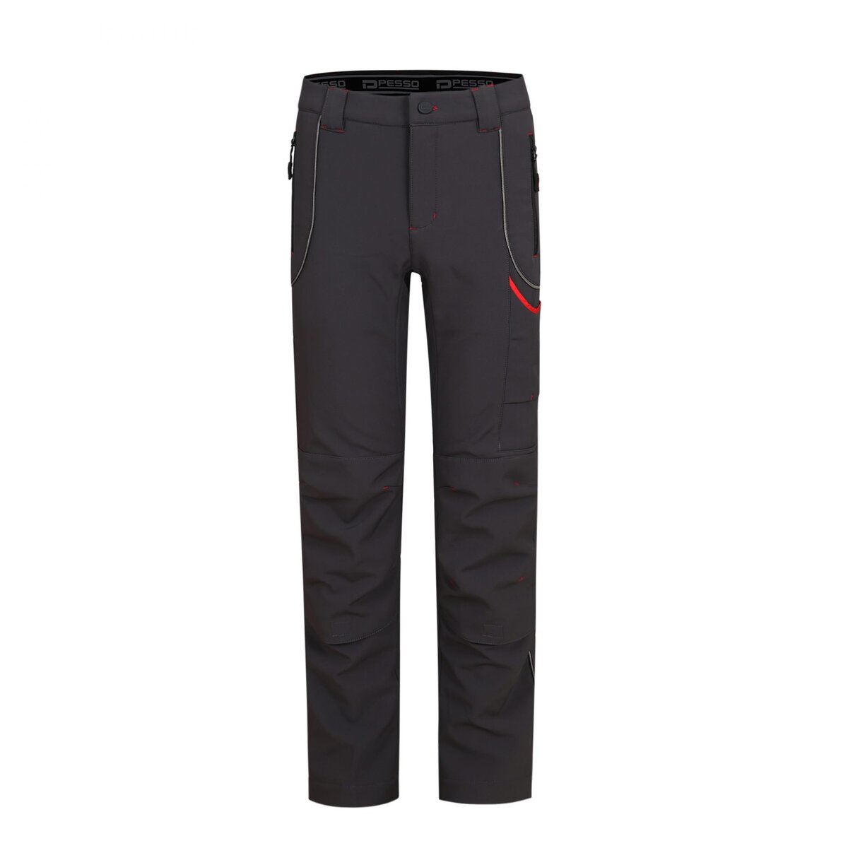 Workwear dark gray outdoor pants with zippered pockets, reinforced knee panels, and red accents, designed for durability and comfort in industrial and outdoor settings.