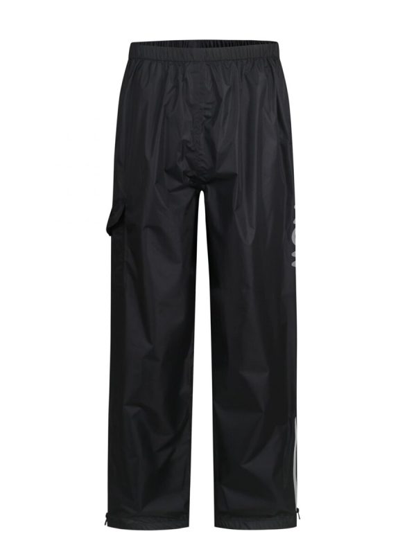 Waterproof black rain pants for outdoor work, high visibility reflective detailing, elastic waistband, durable lightweight fabric, custom workwear manufacturing China supplier.