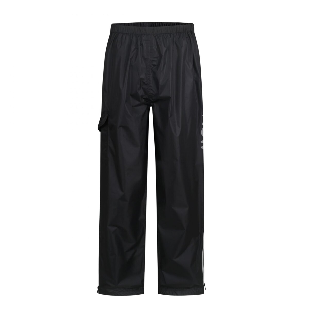 Waterproof black rain pants for outdoor work, high visibility reflective detailing, elastic waistband, durable lightweight fabric, custom workwear manufacturing China supplier.