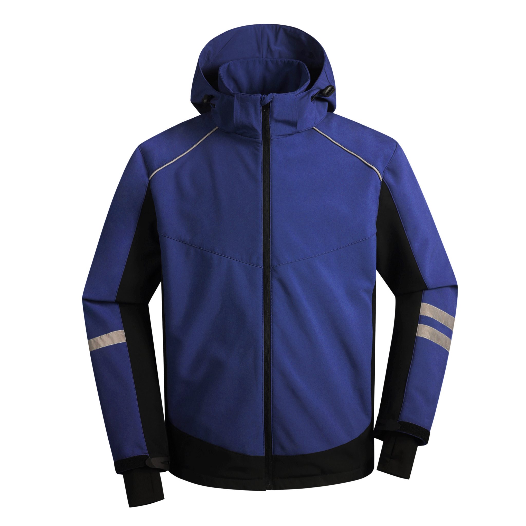 Lightweight custom blue sports jacket with black accents, reflective stripes on sleeves, and a hood, ideal for outdoor workwear or casual athletic wear. Perfect for customization by workwear manufacturers.