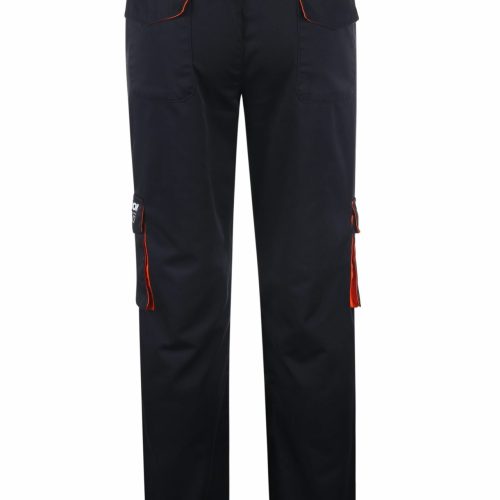 Comfortable black work pants with multiple cargo pockets, red accents, and durable fabric for industrial and construction environments. Designed for practicality and ease of movement.