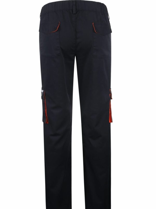 Comfortable black work pants with multiple cargo pockets, red accents, and durable fabric for industrial and construction environments. Designed for practicality and ease of movement.