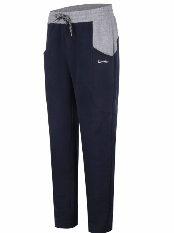 Comfortable navy and gray athletic sweatpants with adjustable drawstring waistband and multiple pockets, ideal for casual wear or sports activities.