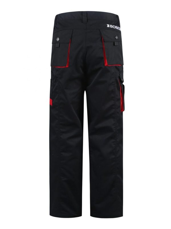 High-quality black work pants with red accents, multiple pockets, and durable fabric suitable for construction and industrial workers. Customizable uniforms from China manufacturer Sha.