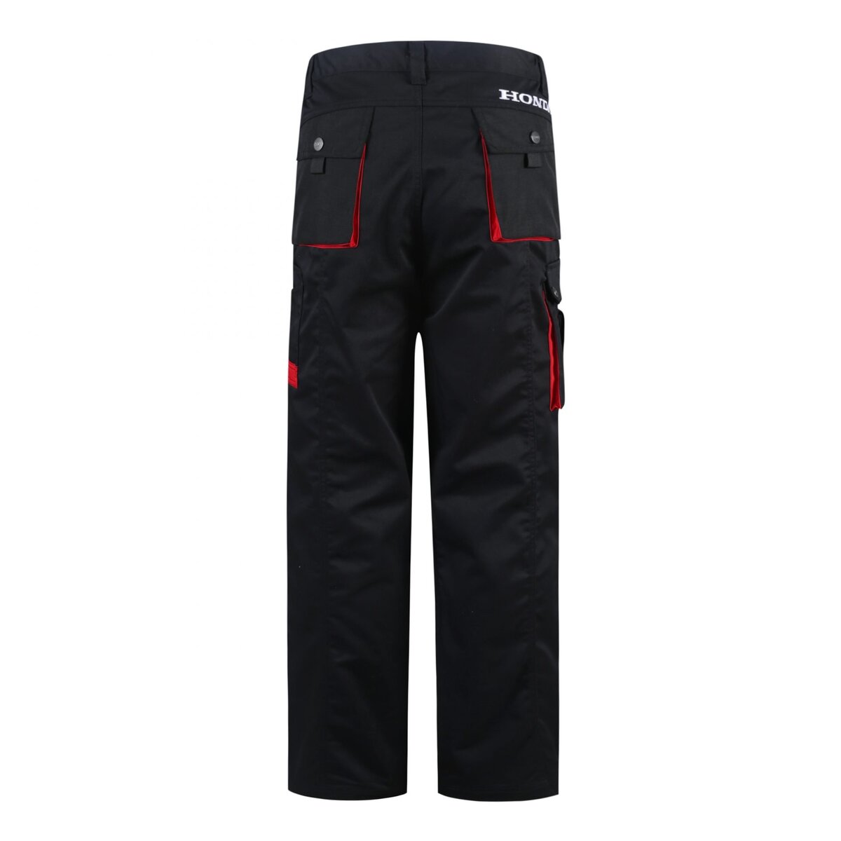 High-quality black work pants with red accents, multiple pockets, and durable fabric suitable for construction and industrial workers. Customizable uniforms from China manufacturer Sha.