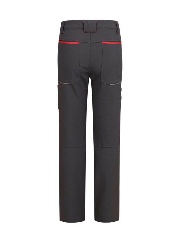 Workwear factory black work pants with red and reflective accents for industrial, construction, and safety uniforms. Durable, comfortable, and customizable for various work environments.