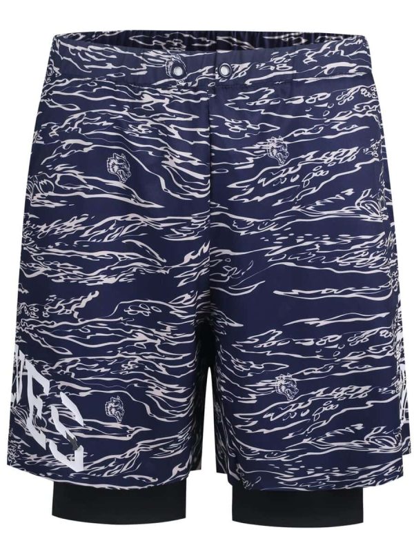 Flamingo patterned navy swim shorts with drawstring waist, casual beachwear for men. Made from quick-drying fabric, perfect for summer vacations and poolside lounge.