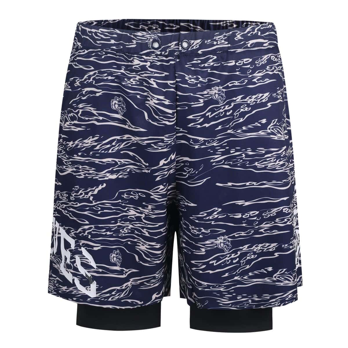 Flamingo patterned navy swim shorts with drawstring waist, casual beachwear for men. Made from quick-drying fabric, perfect for summer vacations and poolside lounge.