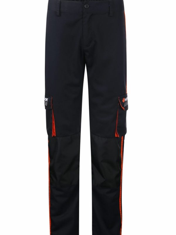High-performance black work pants with orange accents, multiple pockets, and durable fabric, ideal for industrial and construction work environments.