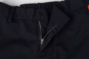 Black work uniform pants with zipper and button closure, tailored for industrial and professional use, available for custom branding and manufacturing in China.