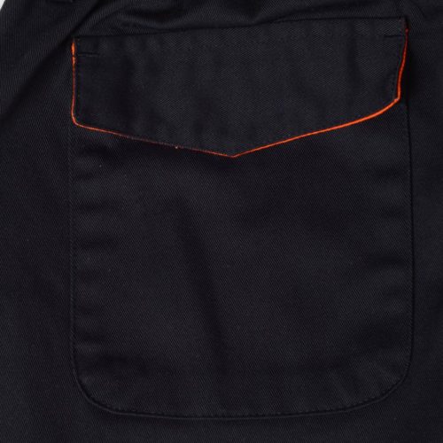 Premium black workwear with contrasting orange stitching on the pocket, durable fabric, designed for comfort and professionalism in various work environments. Perfect for custom uniforms.