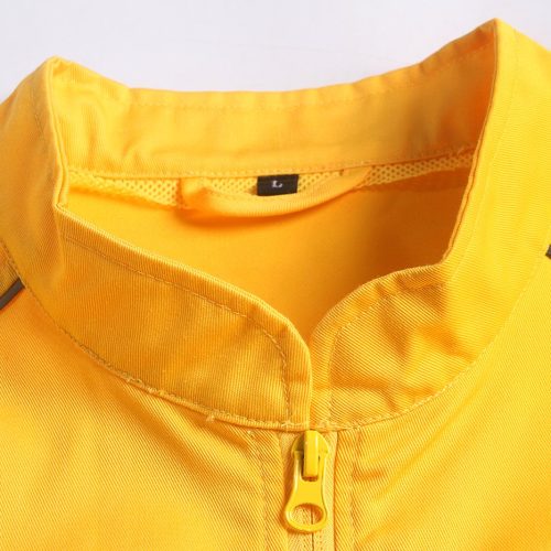 Bright yellow custom work uniform with a high collar and front zipper, designed for safety and visibility in industrial environments. Made by a trusted Chinese manufacturer specializing in personalized workwear.