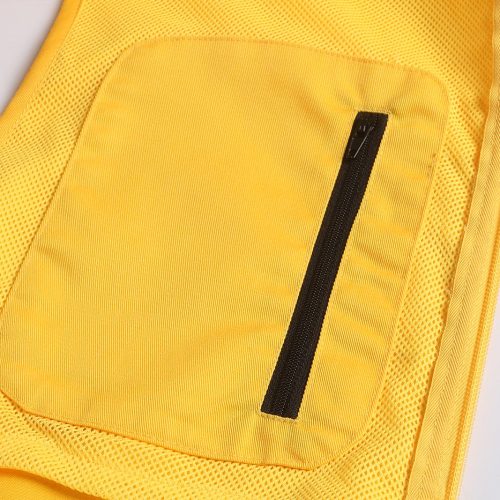 Bright yellow workwear backpack with a durable black zipper pocket for professional custom uniforms and safety gear. Designed for comfort and practicality in industrial environments.