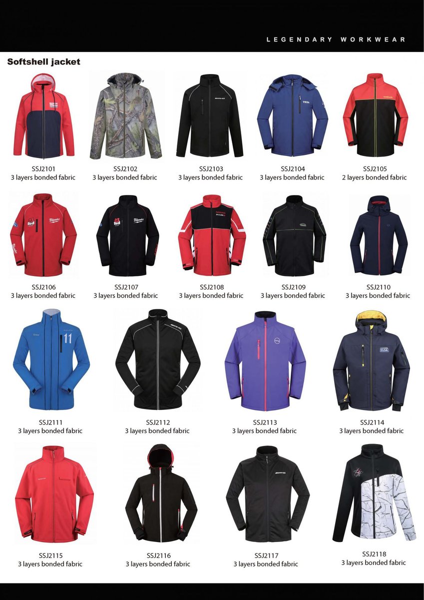 Softshell jackets displayed in various colors and styles, made with 3 layers bonded fabric, suitable for workwear and outdoor activities. Customizable options available from a China manufacturer.