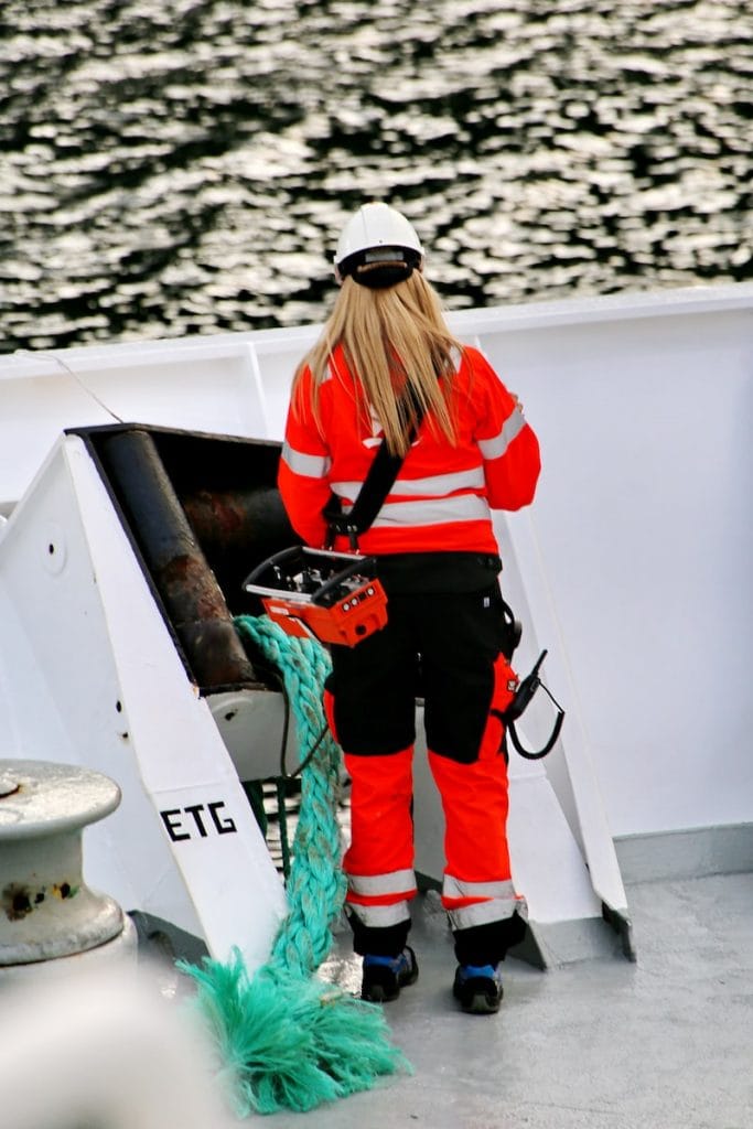 High-visibility safety uniform worn by a maritime worker on a boat, featuring reflective stripes and protective gear, ensuring safety and visibility at sea.