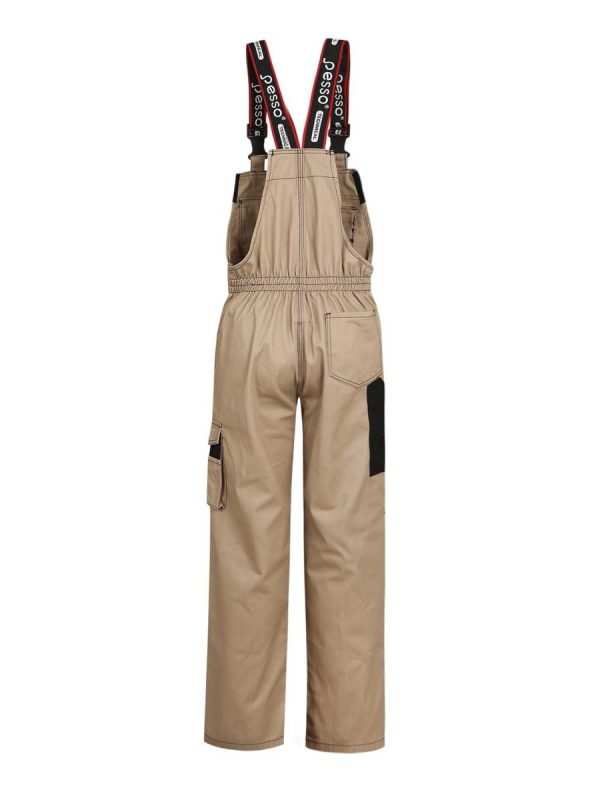 Durable beige work overalls with multiple pockets and adjustable straps, ideal for industrial and construction safety uniforms.