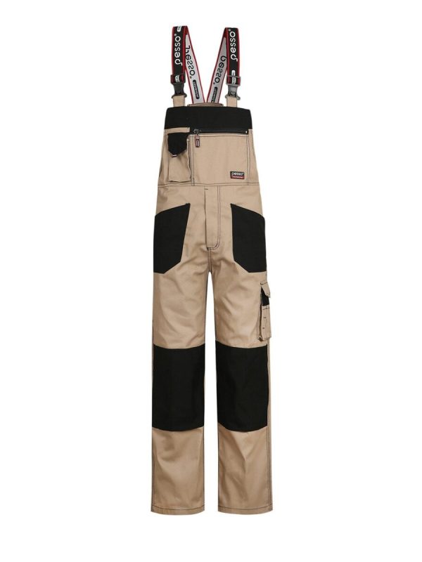 Workwear bib overalls with multiple pockets and reinforced black patches, designed for durability and comfort in industrial environments. Made by a Chinese manufacturer specializing in custom uniforms.