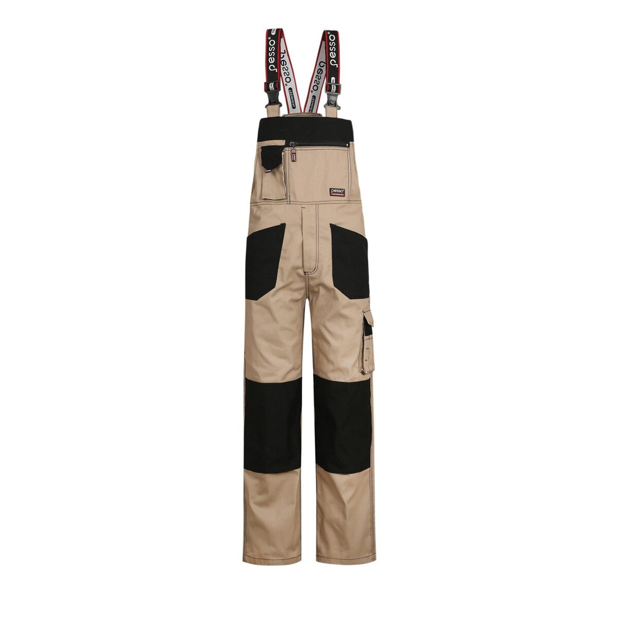 Workwear bib overalls with multiple pockets and reinforced black patches, designed for durability and comfort in industrial environments. Made by a Chinese manufacturer specializing in custom uniforms.
