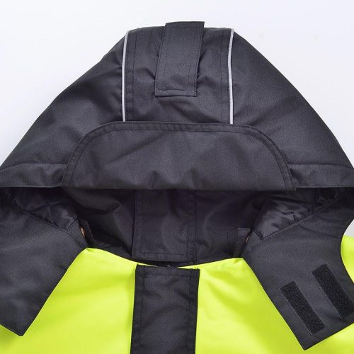 High-visibility yellow rain jacket with black waterproof hood and velcro wrist straps, ideal for outdoor work and safety compliance.