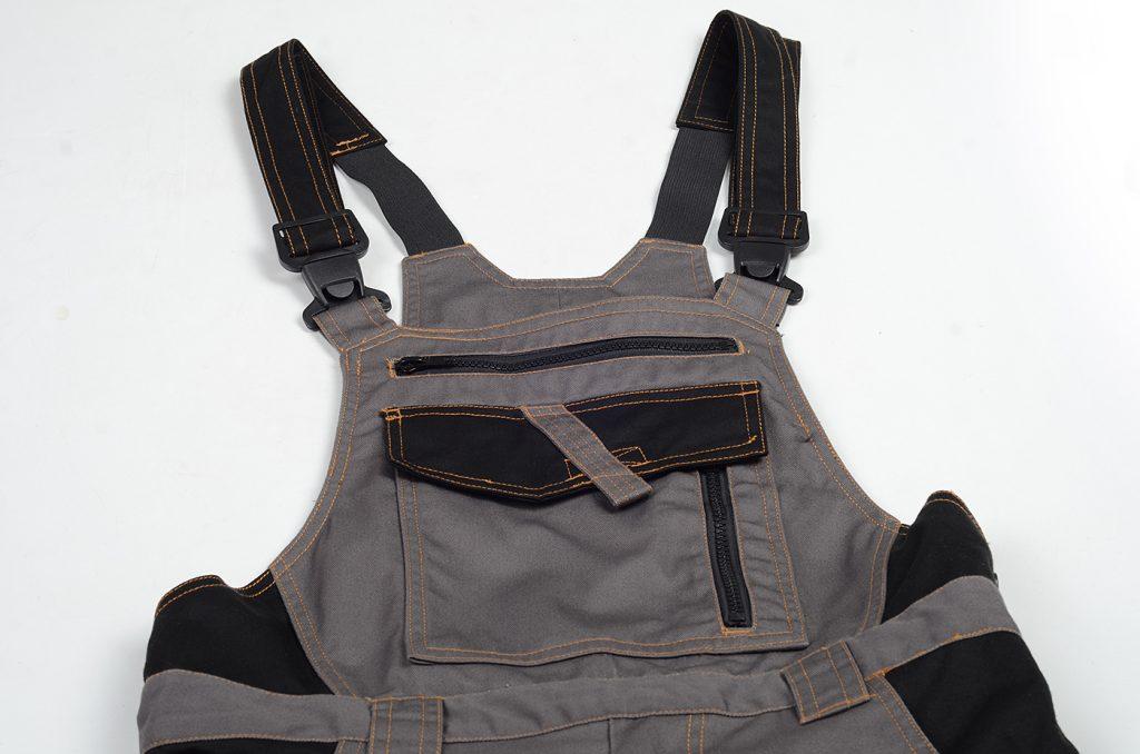 Grey work bib apron with chest pockets and adjustable shoulder straps
