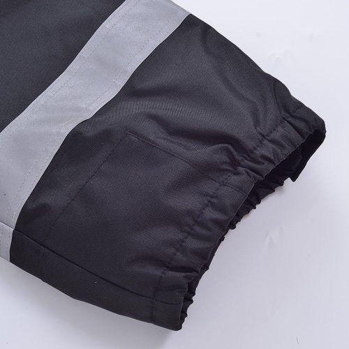 High-quality black workwear pants with reflective silver stripes, ideal for industrial safety and professional uniforms. Durable fabric designed for comfort and visibility.