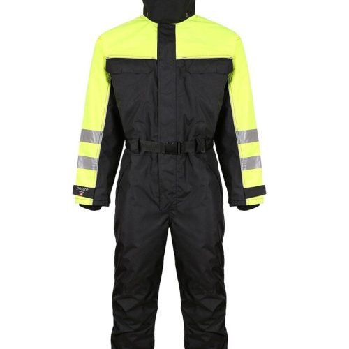 High-visibility black and yellow waterproof work suit with reflective stripes for safety in hazardous environments. Includes hood, adjustable belt, and multiple pockets. Perfect for construction and industrial workers.