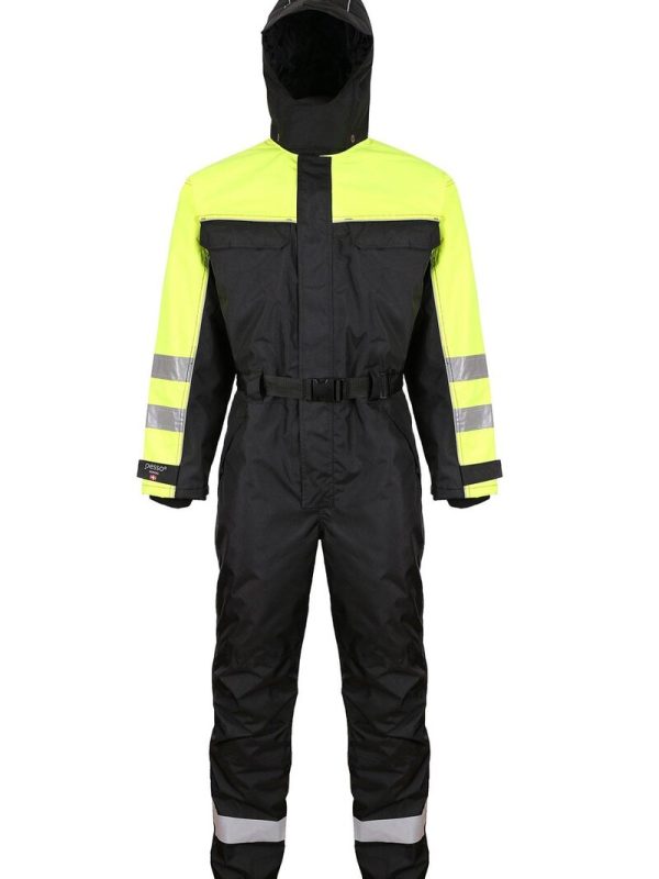 High-visibility black and yellow waterproof work suit with reflective stripes for safety in hazardous environments. Includes hood, adjustable belt, and multiple pockets. Perfect for construction and industrial workers.