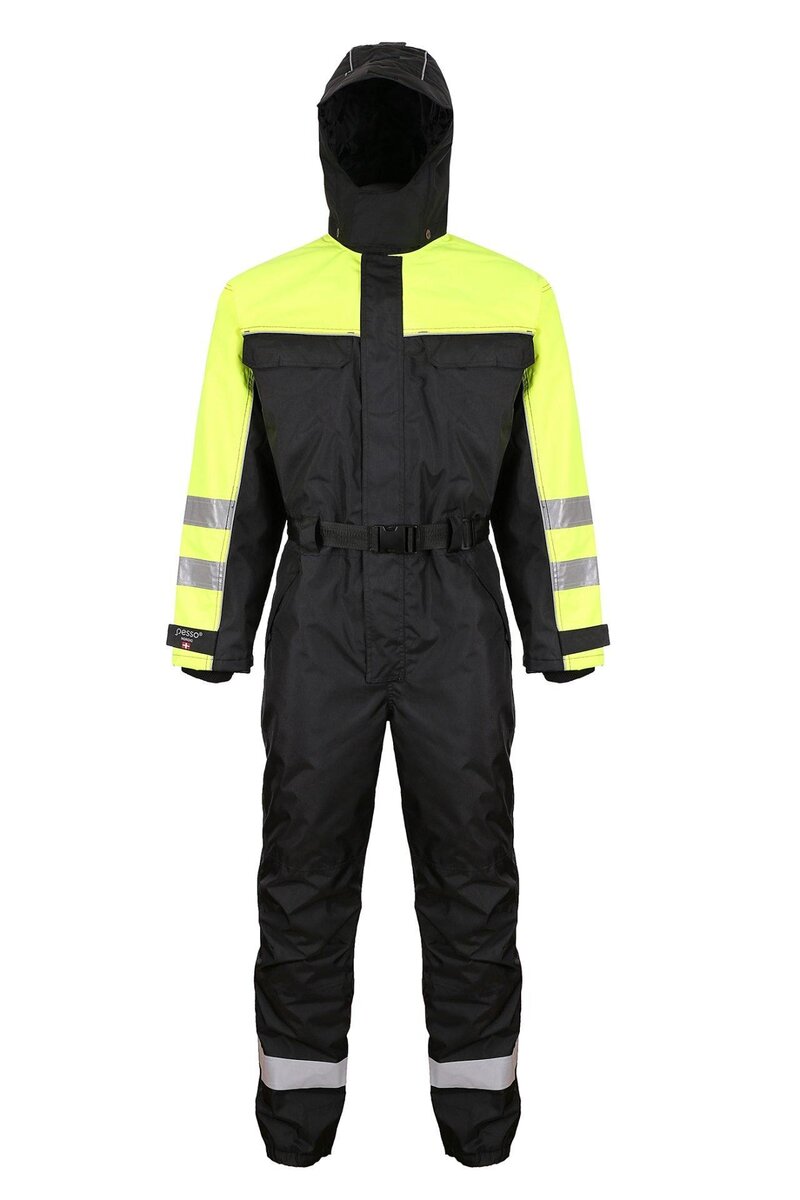 High-visibility black and yellow waterproof work suit with reflective stripes for safety in hazardous environments. Includes hood, adjustable belt, and multiple pockets. Perfect for construction and industrial workers.