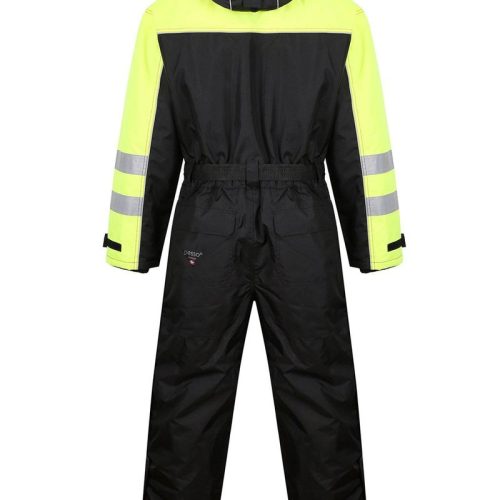High-visibility black and neon yellow reflective safety coverall with hoodie, designed for industrial workers, construction, and outdoor activities, offering durability and visibility.