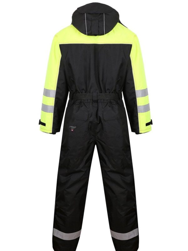 High-visibility black and neon yellow reflective safety coverall with hoodie, designed for industrial workers, construction, and outdoor activities, offering durability and visibility.