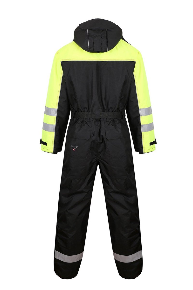 High-visibility black and neon yellow reflective safety coverall with hoodie, designed for industrial workers, construction, and outdoor activities, offering durability and visibility.