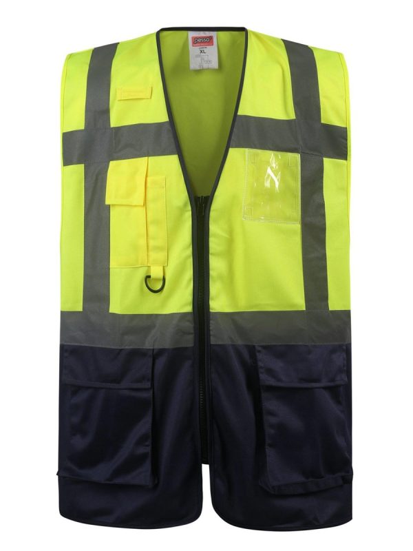 Hi-Vis Safety Vest with multiple pockets, reflective stripes, and zipper closure for construction, industrial, and outdoor workers. Customizable high-visibility workwear from China manufacturers.