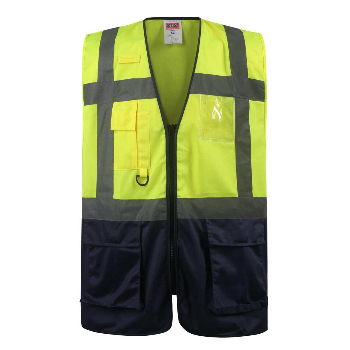 Hi-Vis Safety Vest with multiple pockets, reflective stripes, and zipper closure for construction, industrial, and outdoor workers. Customizable high-visibility workwear from China manufacturers.